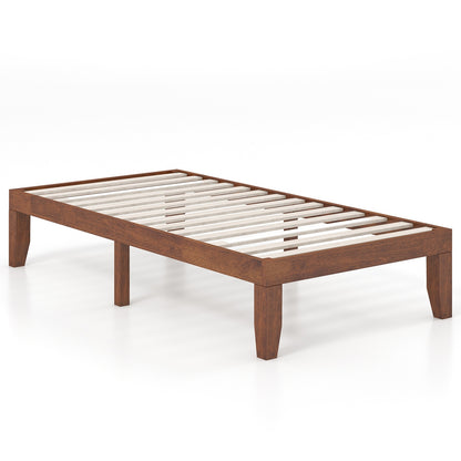 14 Inch Twin Size Solid Rubberwood Platform Bed Frame with Durable Wood Slat Support – Walnut