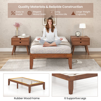 14 Inch Twin Size Solid Rubberwood Platform Bed Frame with Durable Wood Slat Support – Walnut