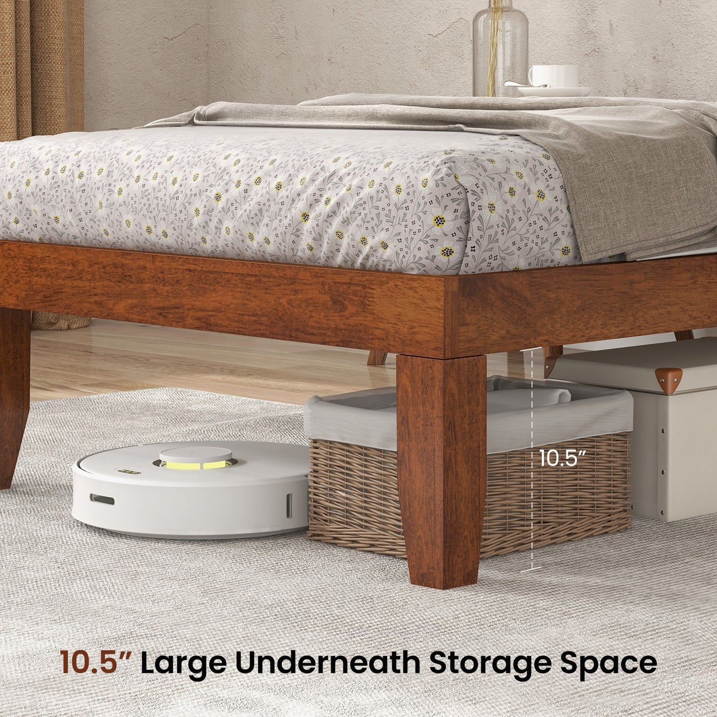 14 Inch Twin Size Solid Rubberwood Platform Bed Frame with Durable Wood Slat Support – Walnut