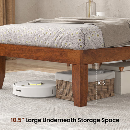 14 Inch Twin Size Solid Rubberwood Platform Bed Frame with Durable Wood Slat Support – Walnut