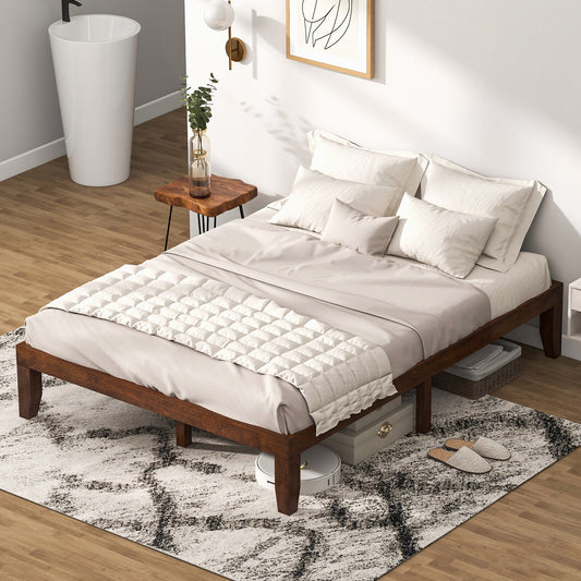 Modern 14 Inch Queen Size Wood Platform Bed Frame with Wood Slat Support - Walnut
