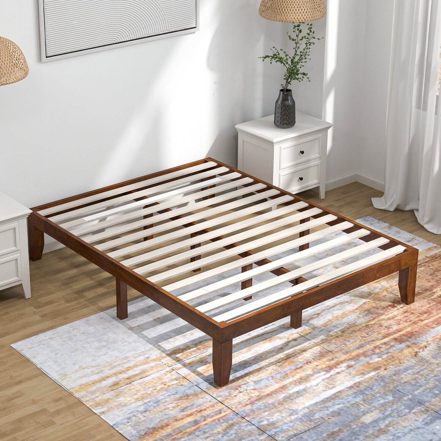 Modern 14 Inch Queen Size Wood Platform Bed Frame with Wood Slat Support - Walnut