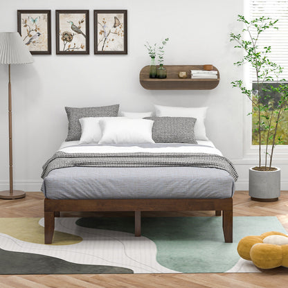 Modern 14 Inch Queen Size Wood Platform Bed Frame with Wood Slat Support - Walnut