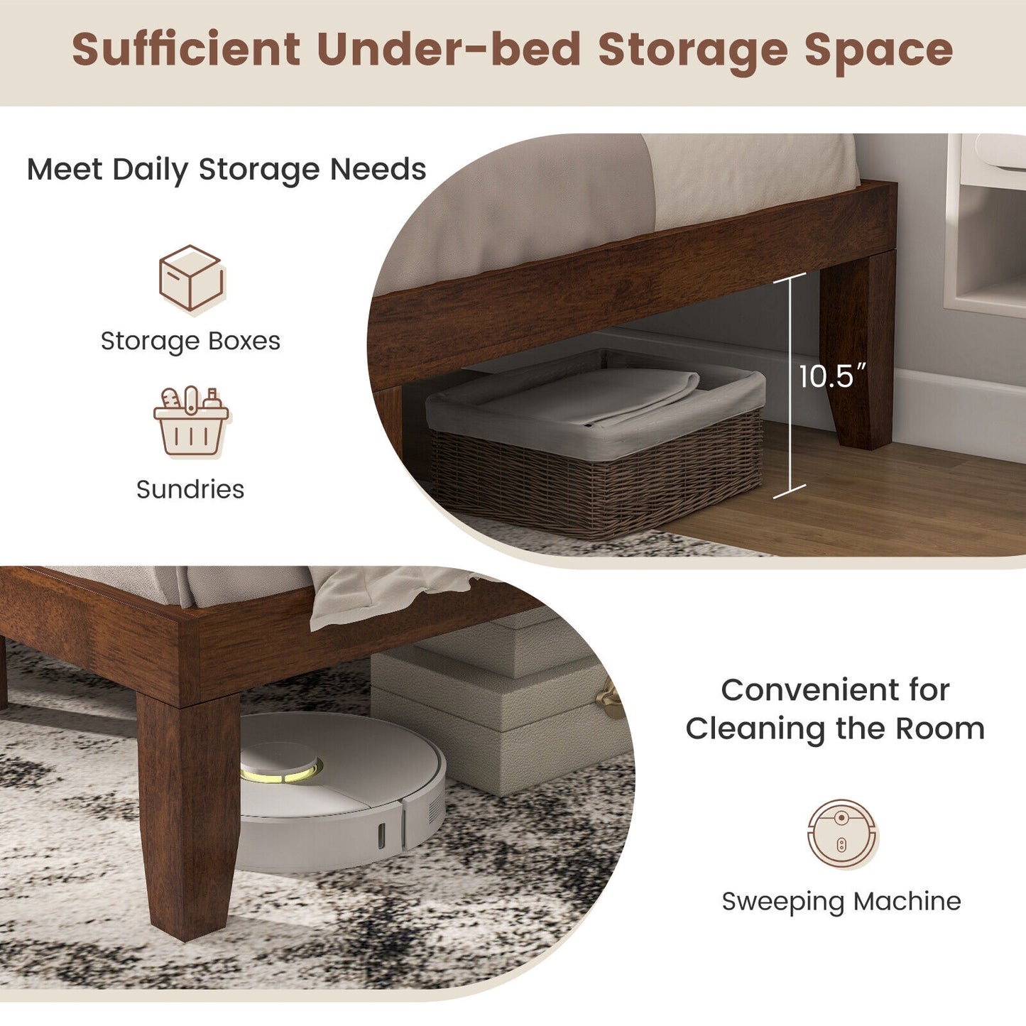 Modern 14 Inch Queen Size Wood Platform Bed Frame with Wood Slat Support - Walnut