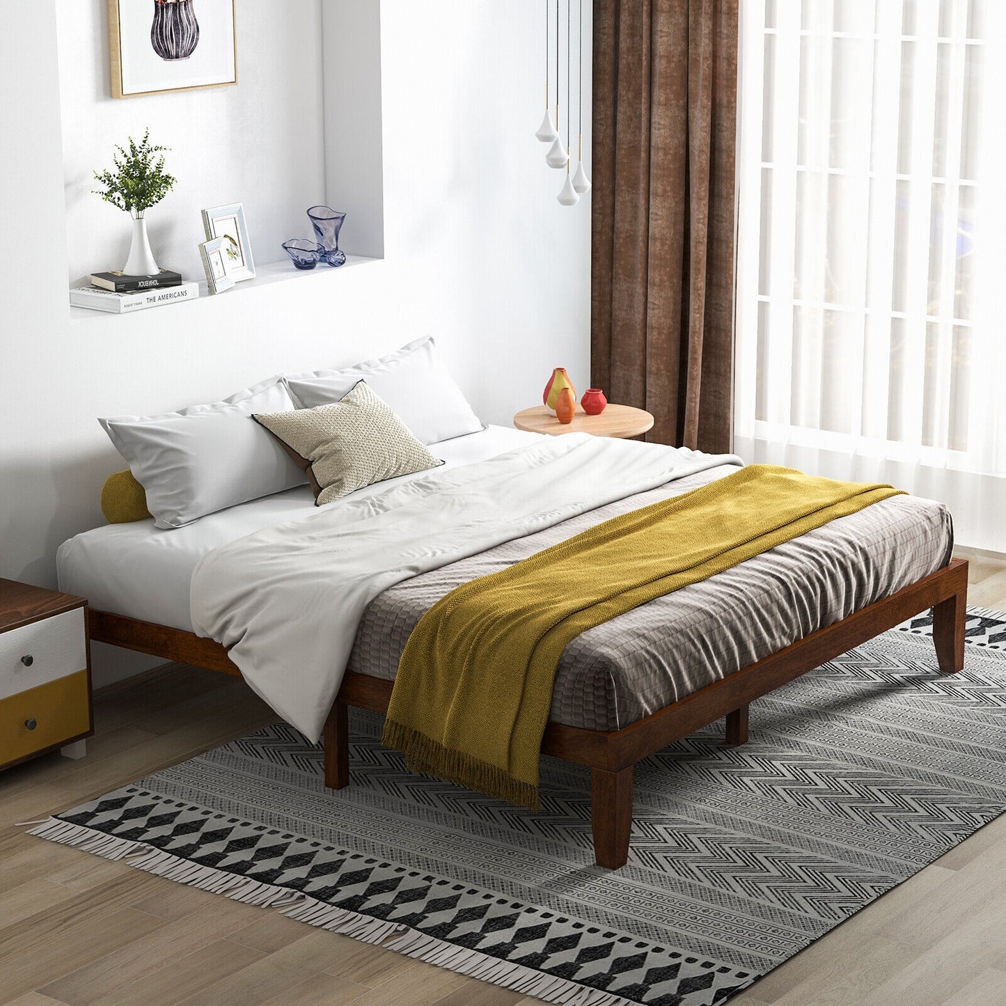 Modern 14 Inch King Size Wood Platform Bed Frame with Wood Slat Support - Walnut