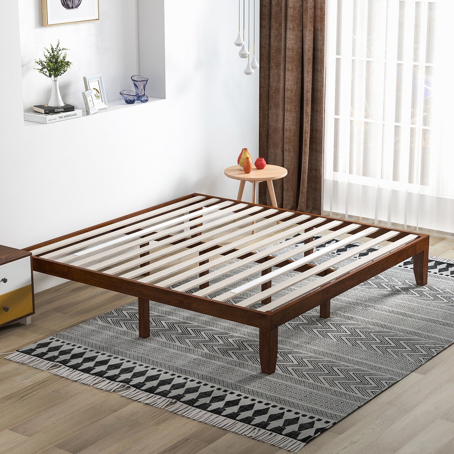 Modern 14 Inch King Size Wood Platform Bed Frame with Wood Slat Support - Walnut