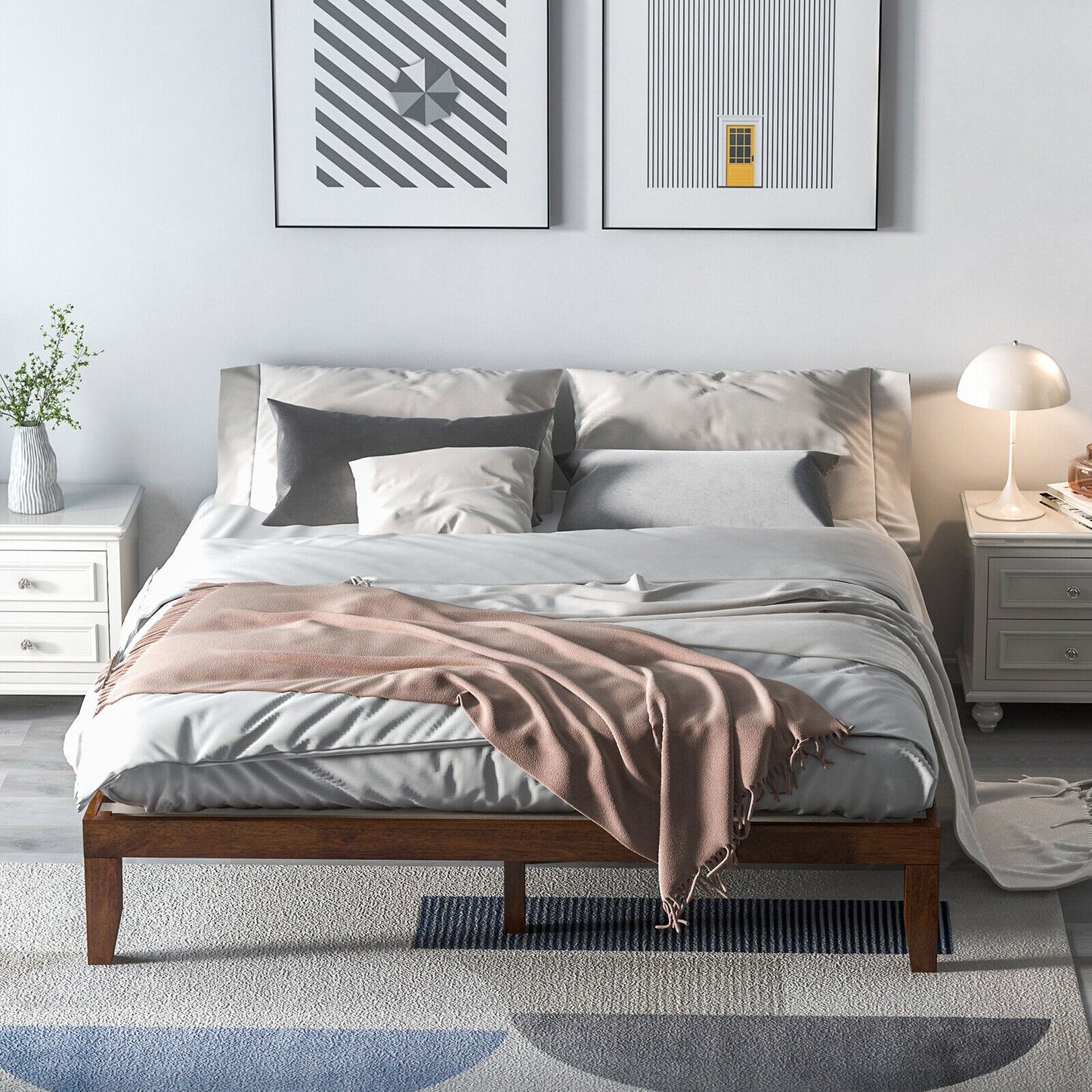 Modern 14 Inch King Size Wood Platform Bed Frame with Wood Slat Support - Walnut