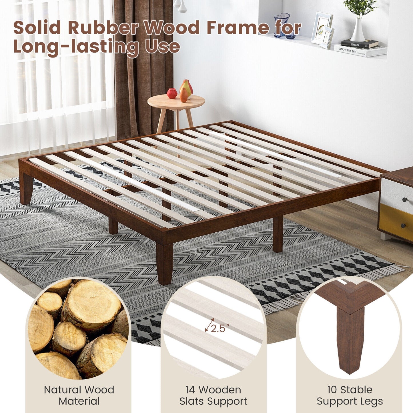 Modern 14 Inch King Size Wood Platform Bed Frame with Wood Slat Support - Walnut