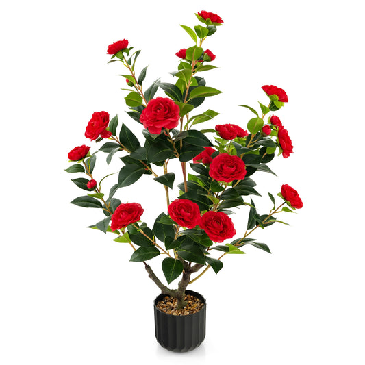 38 Inch Artificial Camellia Tree with Red, White, or Yellow Flowers in Cement Pot