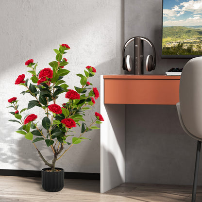 38 Inch Artificial Camellia Tree with Red, White, or Yellow Flowers in Cement Pot