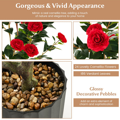 38 Inch Artificial Camellia Tree with Red, White, or Yellow Flowers in Cement Pot