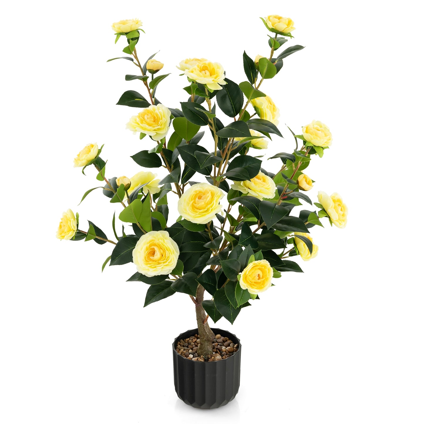 38 Inch Artificial Camellia Tree with Red, White, or Yellow Flowers in Cement Pot