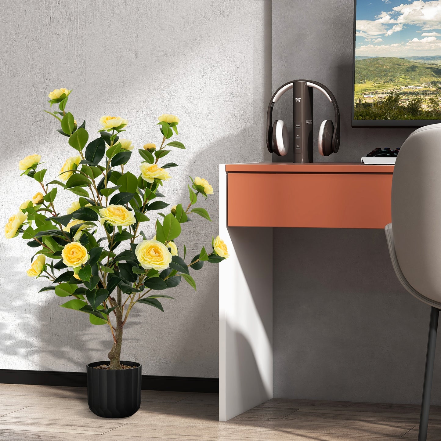 38 Inch Artificial Camellia Tree with Red, White, or Yellow Flowers in Cement Pot