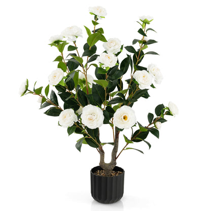 38 Inch Artificial Camellia Tree with Red, White, or Yellow Flowers in Cement Pot