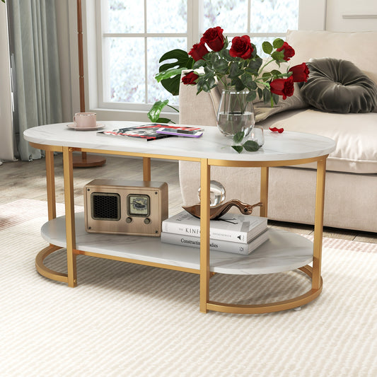 Elegant Marble Effect Coffee Table with Open Storage Shelf Gold Frame