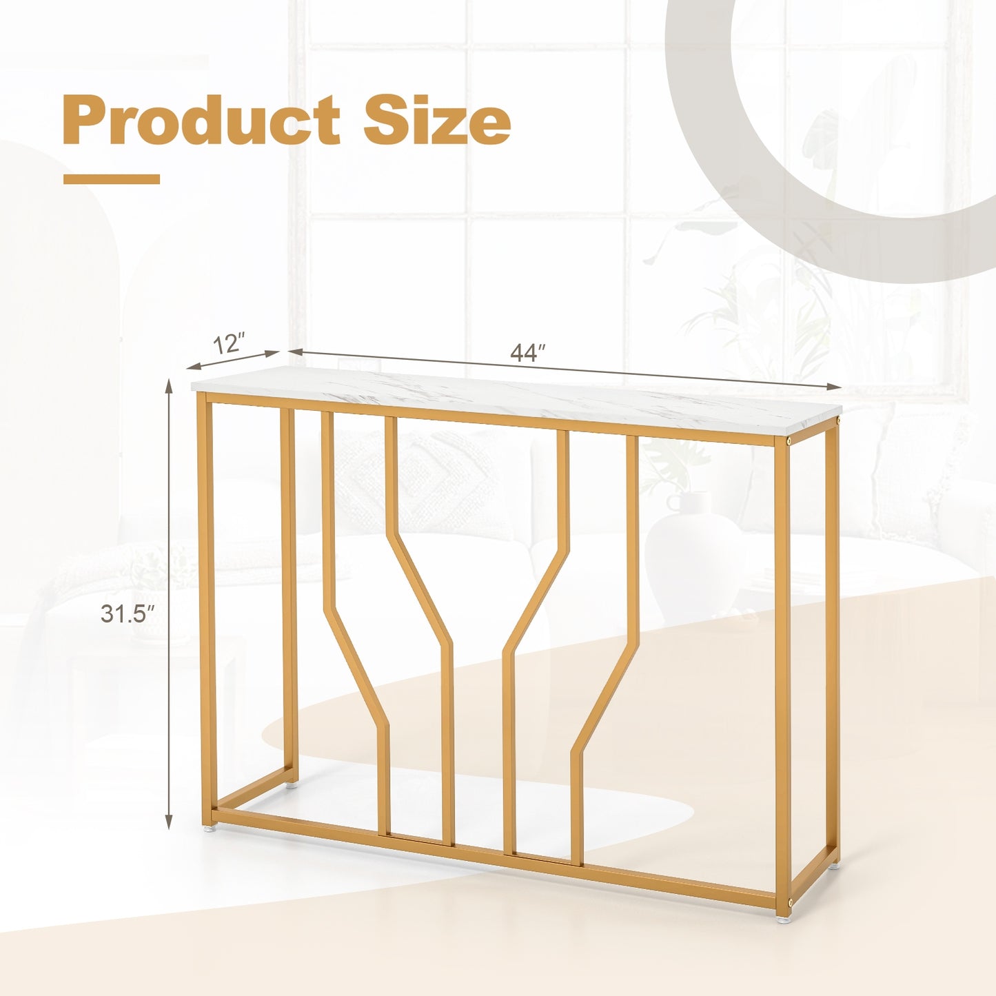 Elegant 44 Inch Console Table with White Faux Marble Top and Gold Base