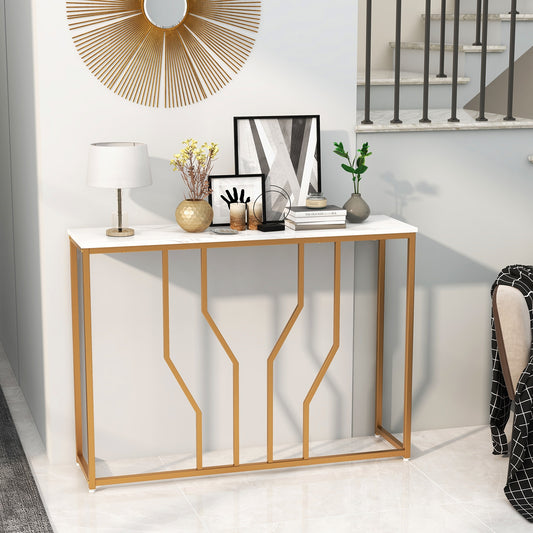 Elegant 44 Inch Console Table with White Faux Marble Top and Gold Base