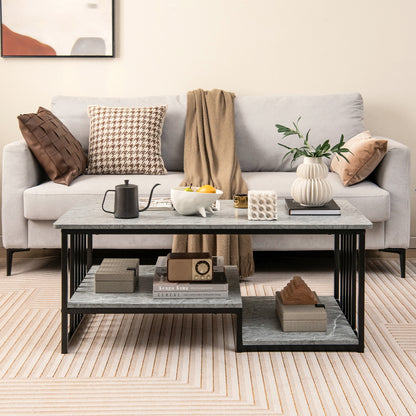 Elegant Faux Marble Coffee Table with Open Storage Shelves and Metal Frame