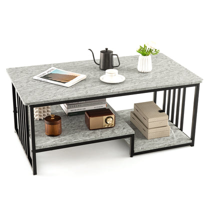 Elegant Faux Marble Coffee Table with Open Storage Shelves and Metal Frame