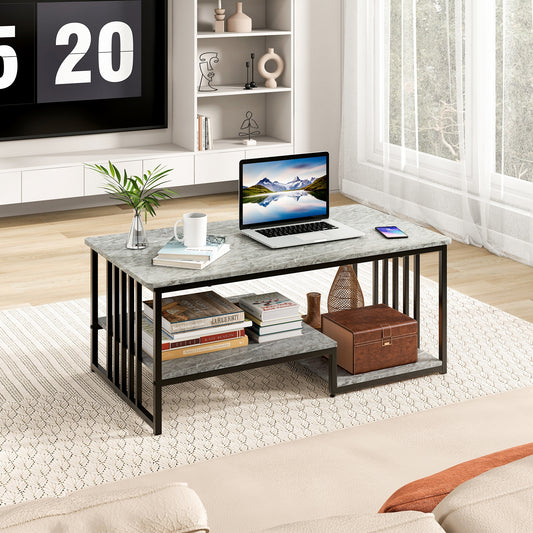Elegant Faux Marble Coffee Table with Open Storage Shelves and Metal Frame