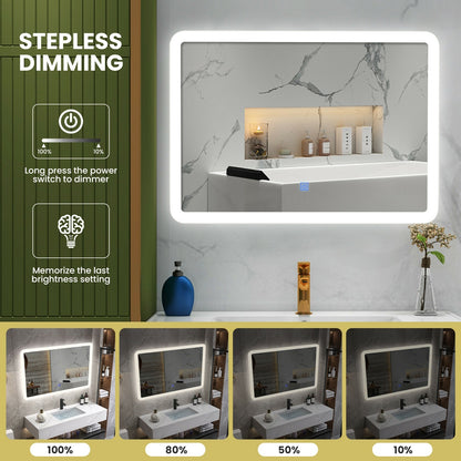 Touch Sensor LED Wall-Mounted Bathroom Mirror with Elegant Arc Corners