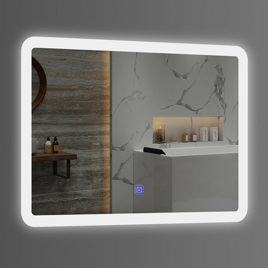 Touch Sensor LED Wall-Mounted Bathroom Mirror with Elegant Arc Corners