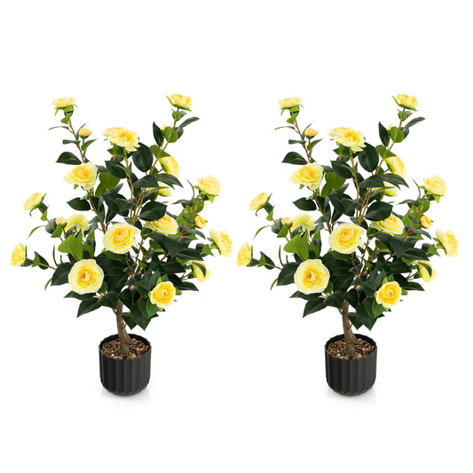 Set of 2 - 38 Inch Artificial Camellia Trees Faux Flower Plants in Cement Pots