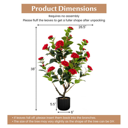 Set of 2 - 38 Inch Artificial Camellia Trees Faux Flower Plants in Cement Pots