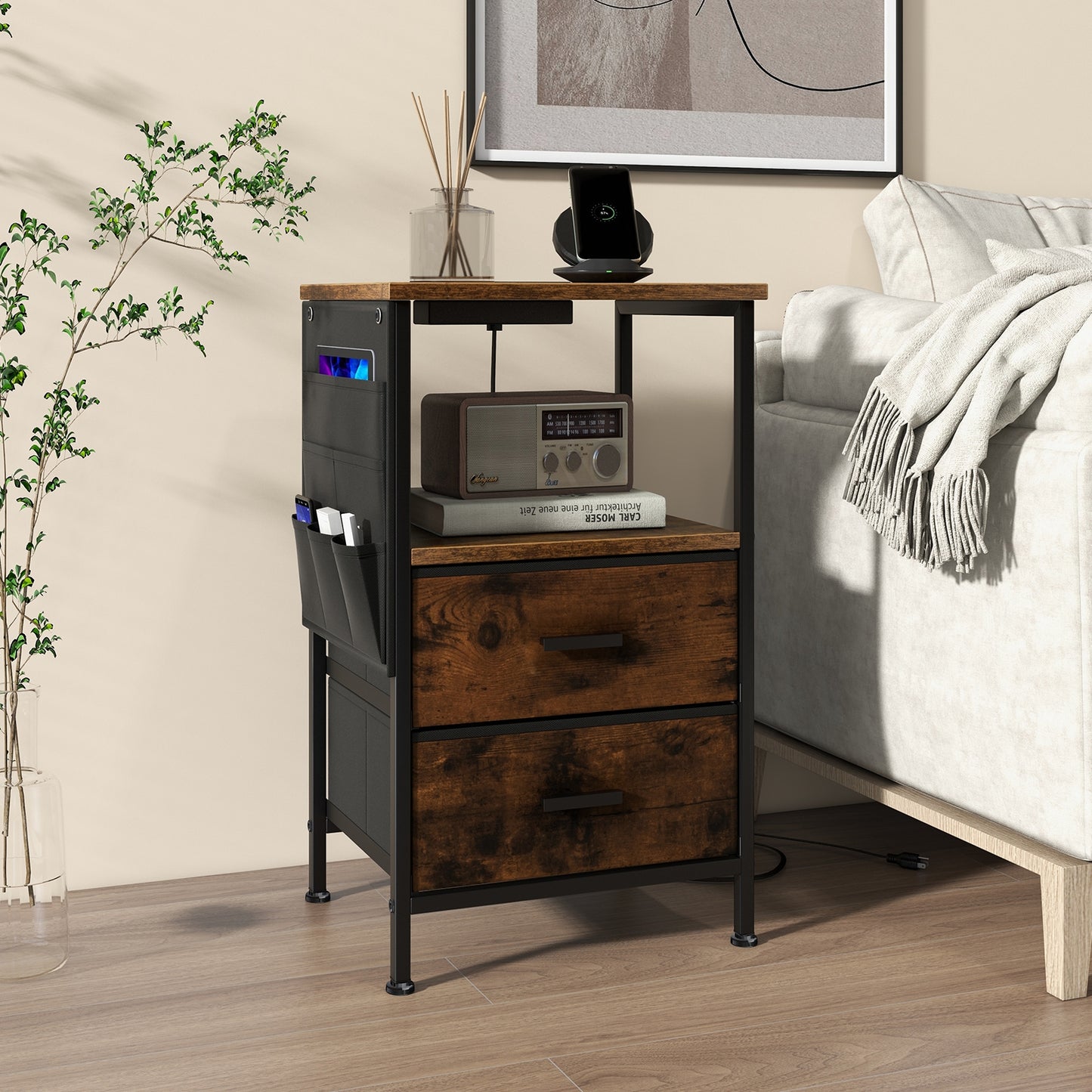 Compact Industrial Nightstand with Charging Station, Fabric Drawers and Side Storage Pockets