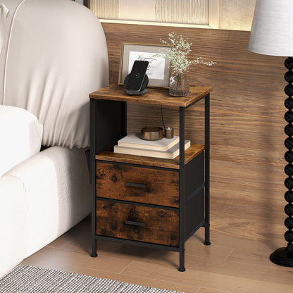 Compact Industrial Nightstand with Charging Station, Fabric Drawers and Side Storage Pockets