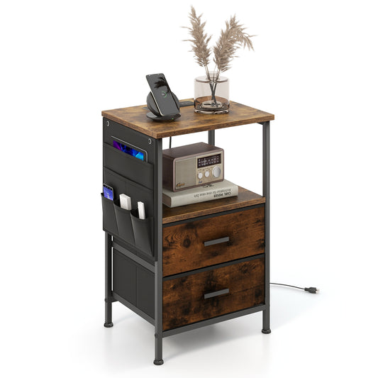 Compact Industrial Nightstand with Charging Station, Fabric Drawers and Side Storage Pockets
