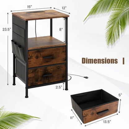 Compact Industrial Nightstand with Charging Station, Fabric Drawers and Side Storage Pockets