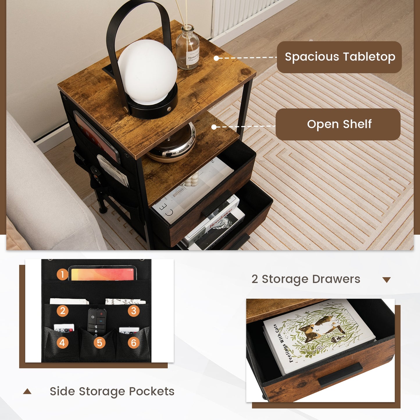 Compact Industrial Nightstand with Charging Station, Fabric Drawers and Side Storage Pockets