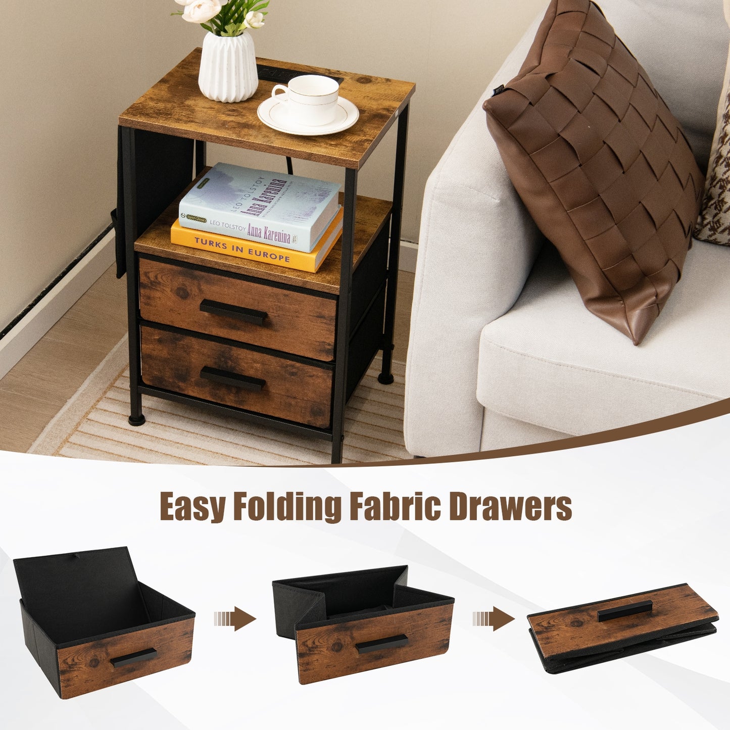 Compact Industrial Nightstand with Charging Station, Fabric Drawers and Side Storage Pockets