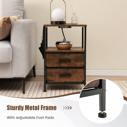 Compact Industrial Nightstand with Charging Station, Fabric Drawers and Side Storage Pockets