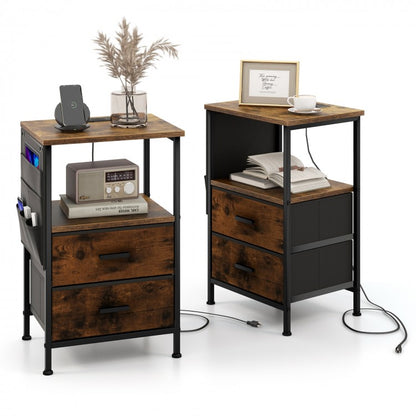 Compact Industrial Nightstand with Charging Station, Fabric Drawers and Side Storage Pockets