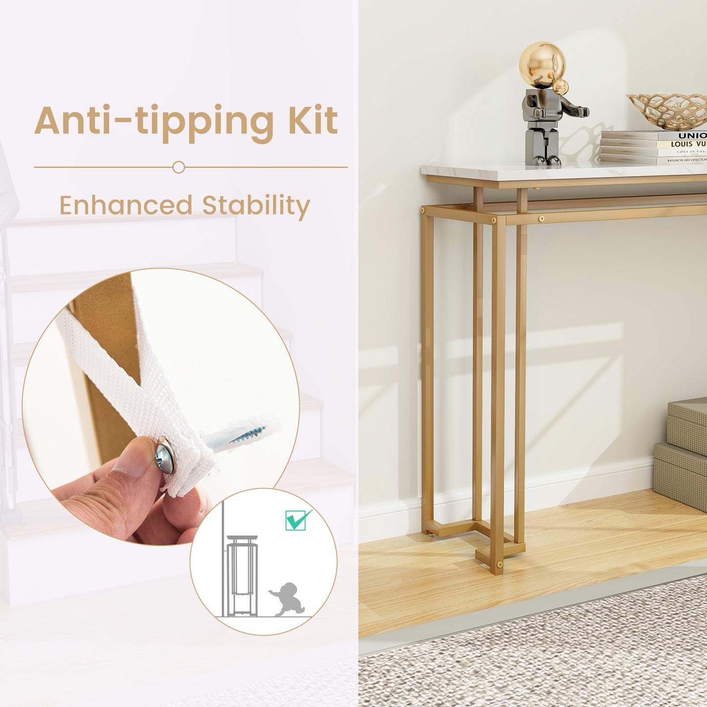 Elegant Entryway Table with Gold Frame and Secure Design for Living Room