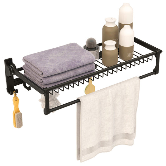 Foldable Space Aluminum Towel Rack with Storage Basket and Hooks