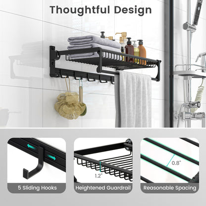 Foldable Space Aluminum Towel Rack with Storage Basket and Hooks