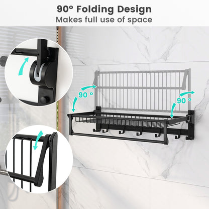 Foldable Space Aluminum Towel Rack with Storage Basket and Hooks