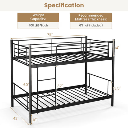 Sturdy Metal Bunk Bed with Ladder and Full-Length Guardrails for Safety - Black