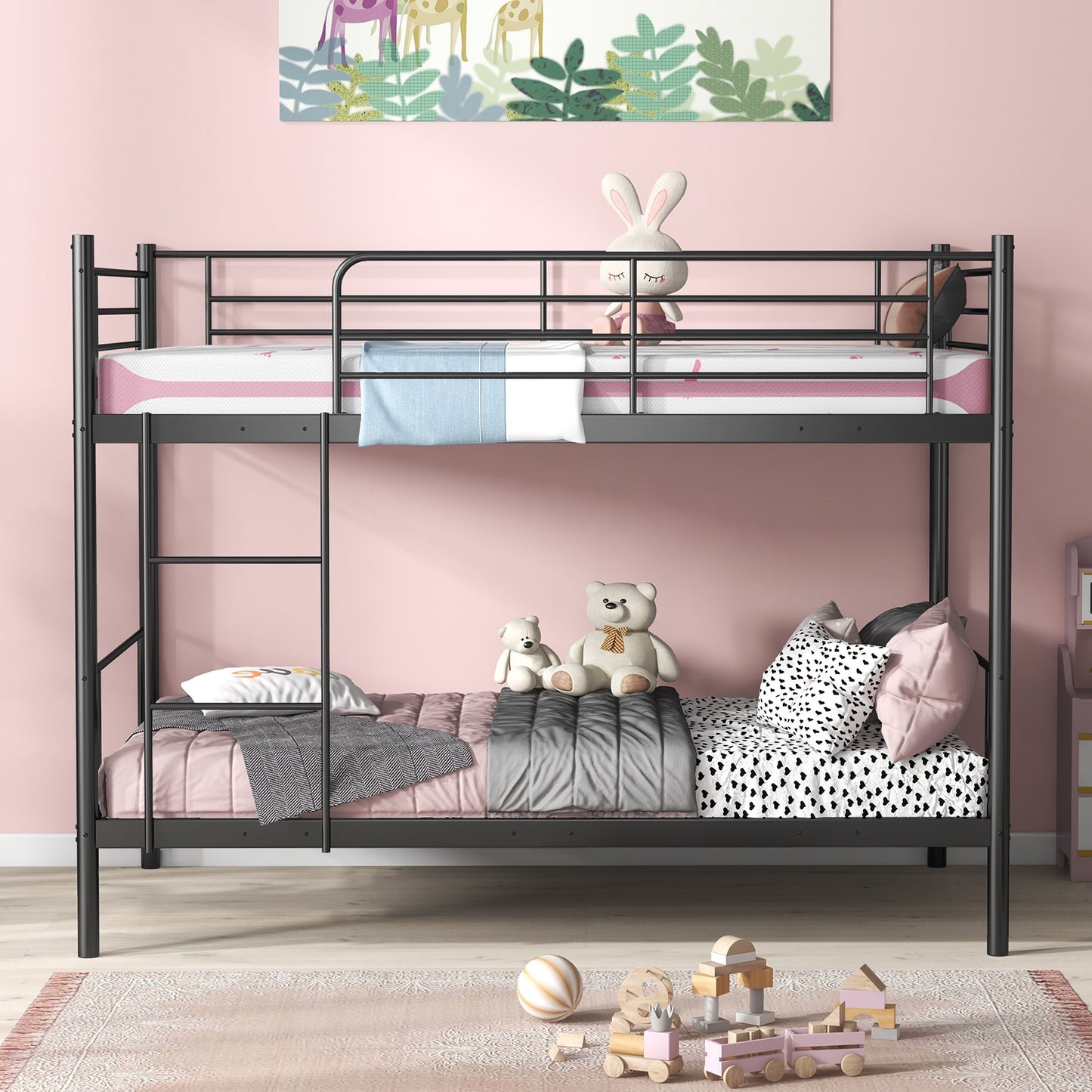 Sturdy Metal Bunk Bed with Ladder and Full-Length Guardrails for Safety - Black