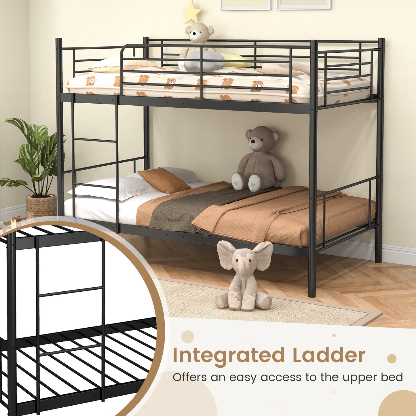 Sturdy Metal Bunk Bed with Ladder and Full-Length Guardrails for Safety - Black