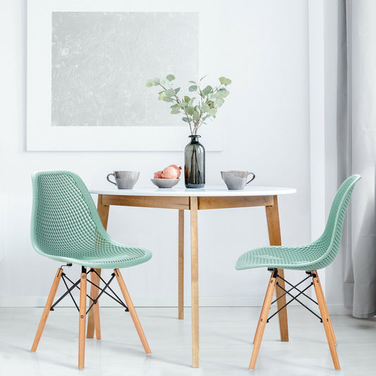Set of 2 Modern Plastic Hollow Dining Chairs with Wooden Legs for Home and Office - Green