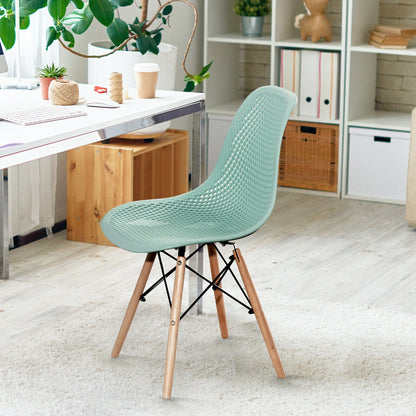 Set of 2 Modern Plastic Hollow Dining Chairs with Wooden Legs for Home and Office - Green