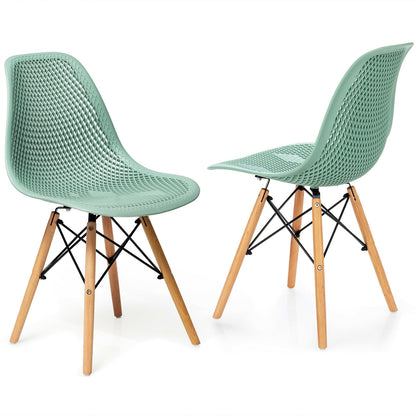 Set of 2 Modern Plastic Hollow Dining Chairs with Wooden Legs for Home and Office - Green