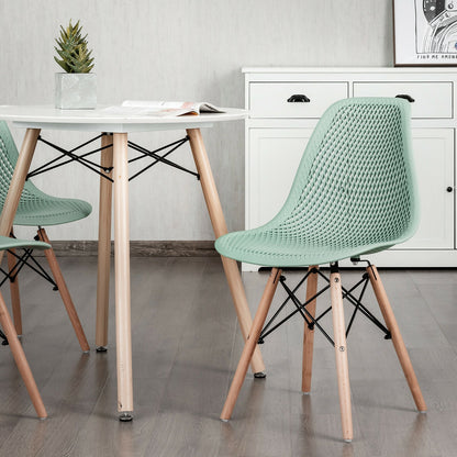 Set of 2 Modern Plastic Hollow Dining Chairs with Wooden Legs for Home and Office - Green
