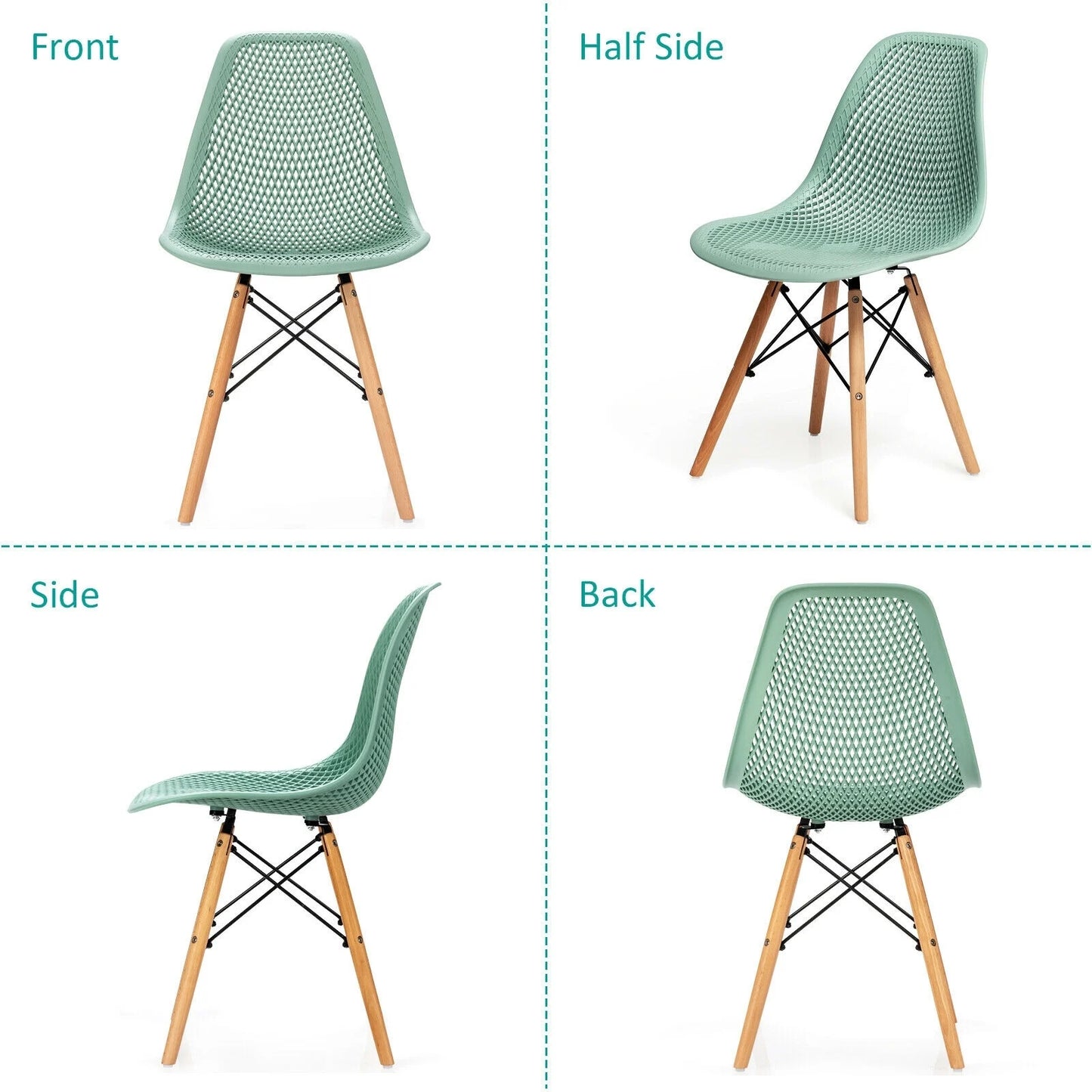 Set of 2 Modern Plastic Hollow Dining Chairs with Wooden Legs for Home and Office - Green