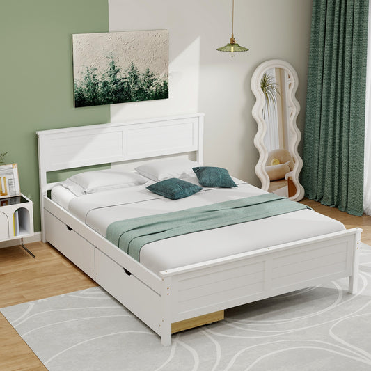 Full Size Platform Bed Frame with Storage Drawers & Solid Wood Headboard – Elegant White Design