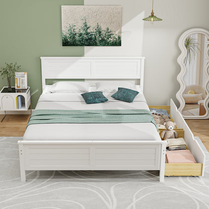 Full Size Platform Bed Frame with Storage Drawers & Solid Wood Headboard – Elegant White Design